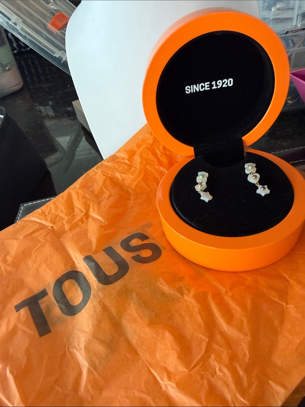 Tous Gold-Tone Dangle Earrings with White Enamel Flower, Heart & Star Motifs